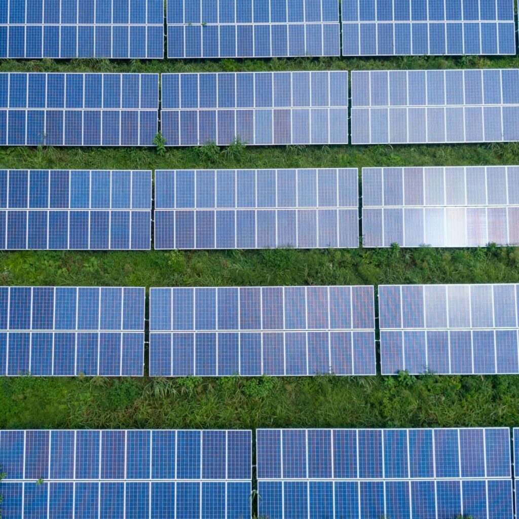 Aerial shot of a solar panel array generating renewable energy in Trenton, Georgia.